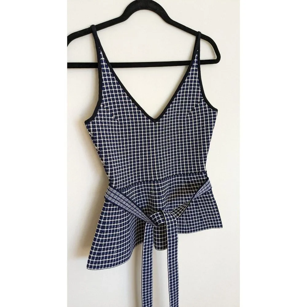 SCANLAN THEODORE Crepe Knit Plaid Strappy Top in Navy Blue, Small/8 - Picture 4 of 9